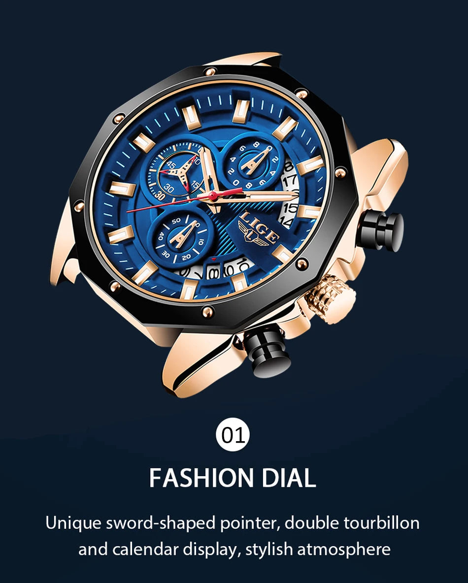 LIGE Quartz Chronograph Waterproof Wristwatch