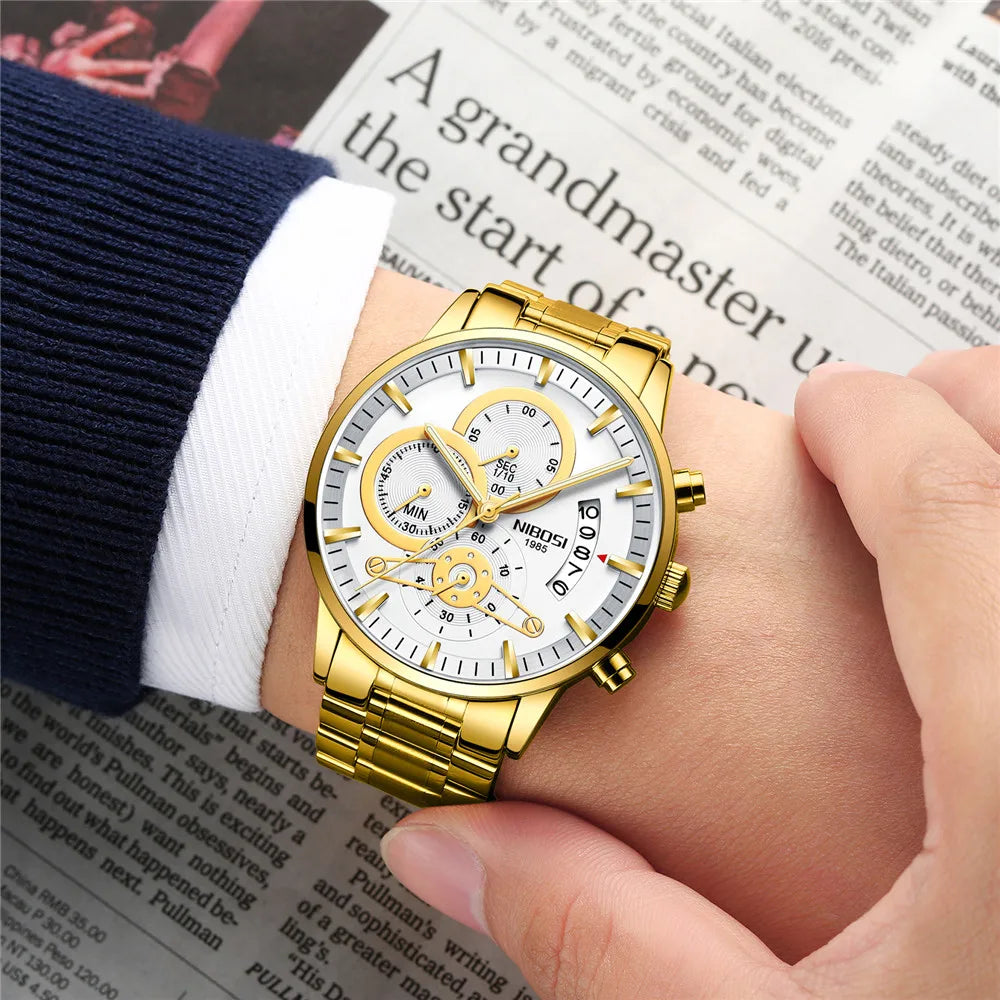 NIBOSI Relogio Masculin Quartz Gold Black Chronograph Waterproof Men's watch