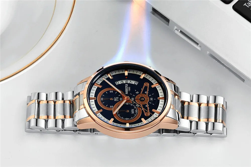 NIBOSI Relogio Masculin Quartz Gold Black Chronograph Waterproof Men's watch