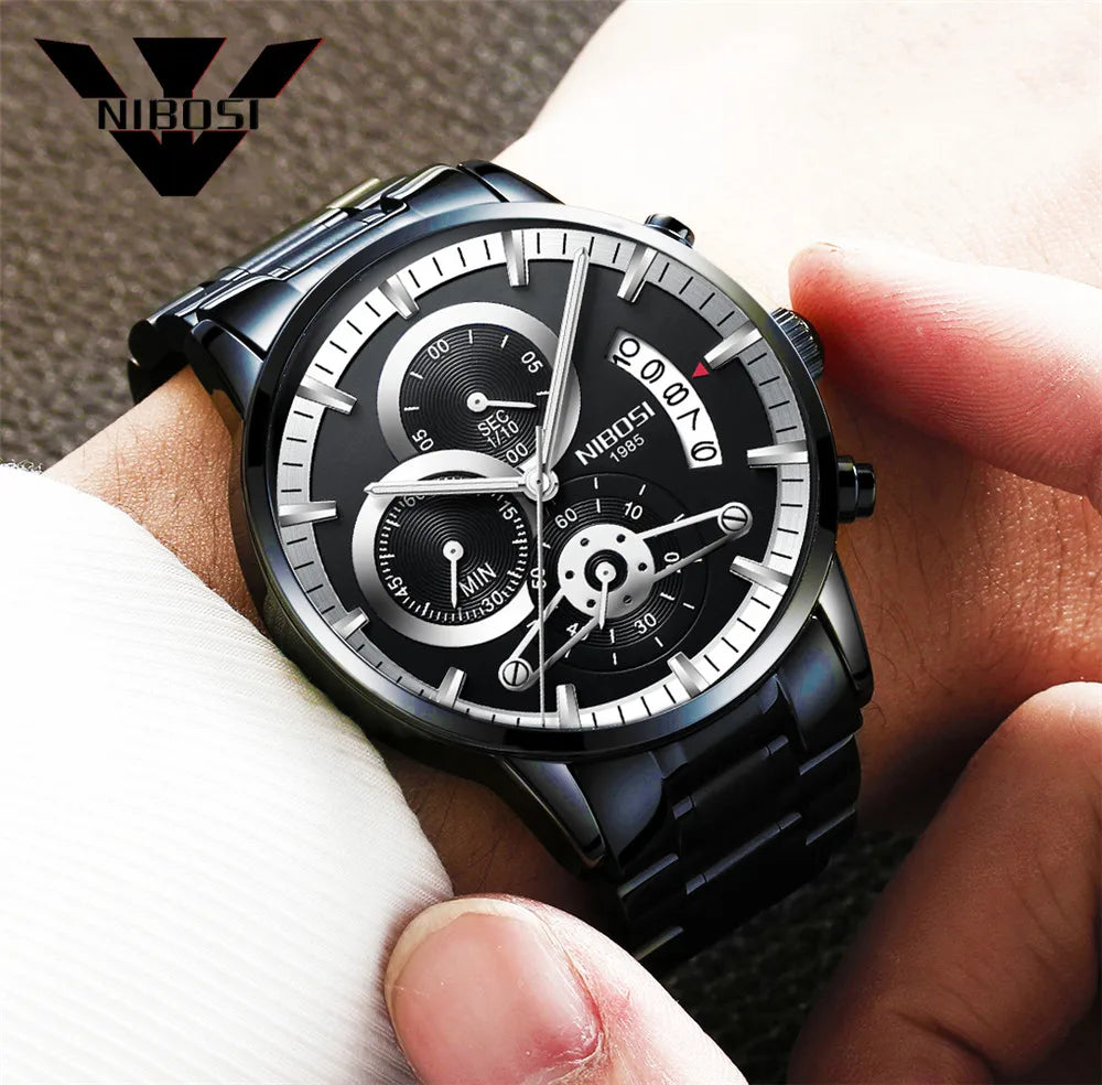 NIBOSI Relogio Masculin Quartz Gold Black Chronograph Waterproof Men's watch