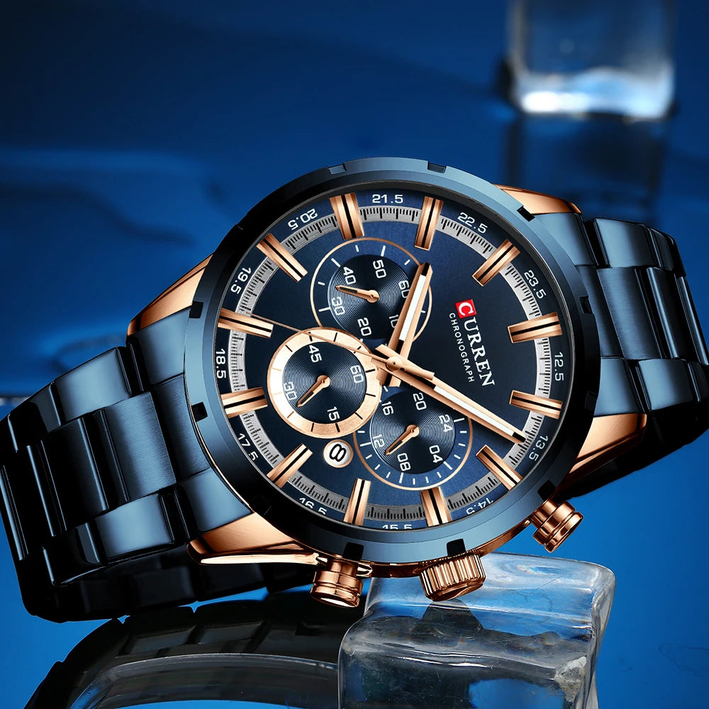 CURREN Chronograph Waterproof Quartz Watch Full Steel Wristwatch