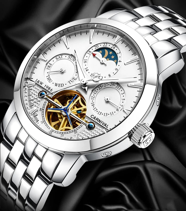 Carnival Brand Tourbillon Stainless Steel Mechanical Watch for Men