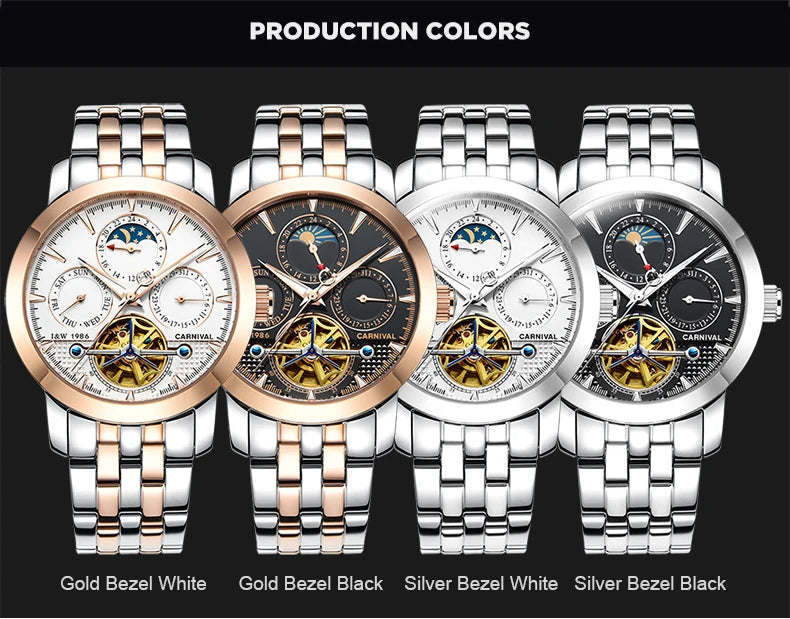 Carnival Brand Tourbillon Stainless Steel Mechanical Watch for Men