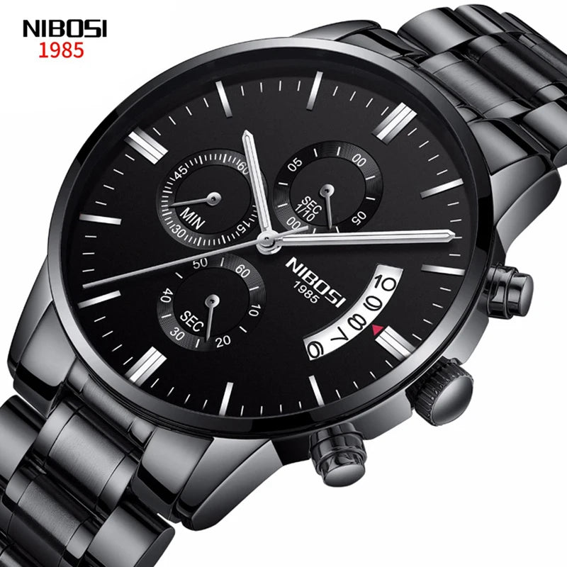 NIBOSI Relogio Masculino 2309 Stainless Steel Black Quartz Chronograph Wristwatch