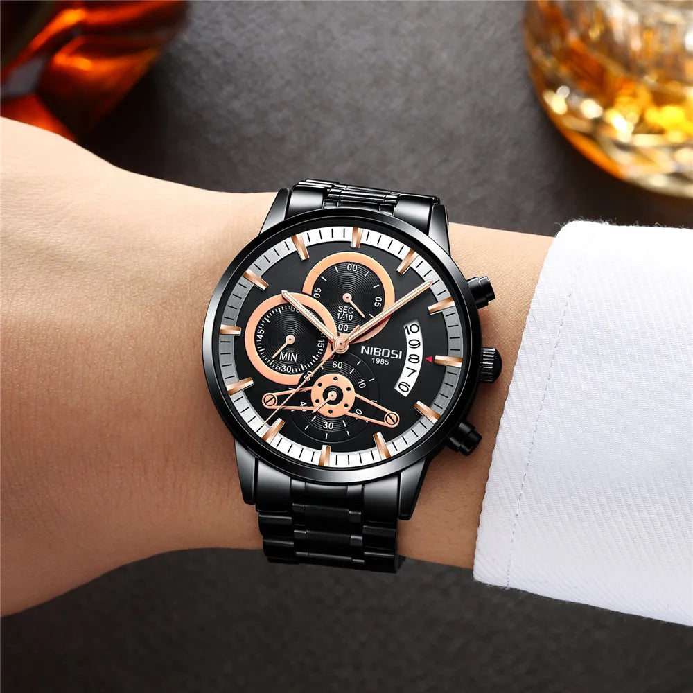 NIBOSI Relogio Masculin Quartz Gold Black Chronograph Waterproof Men's watch