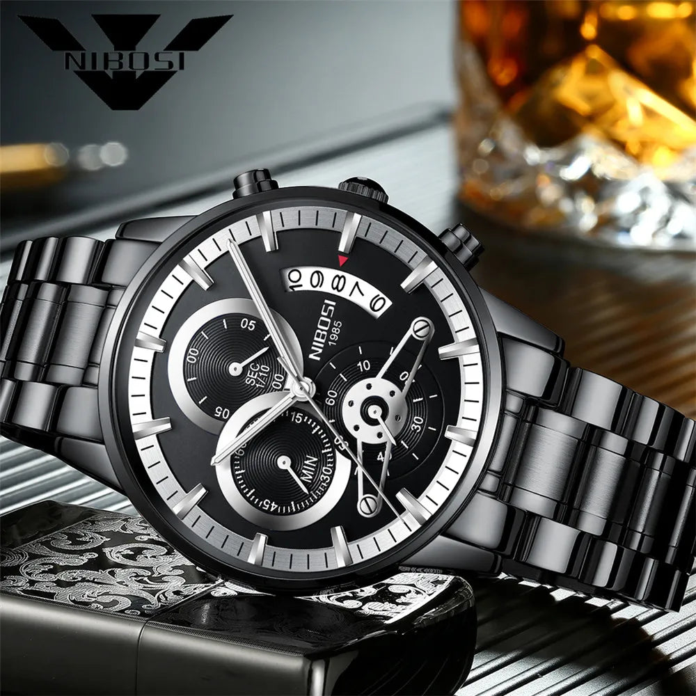 NIBOSI Relogio Masculin Quartz Gold Black Chronograph Waterproof Men's watch