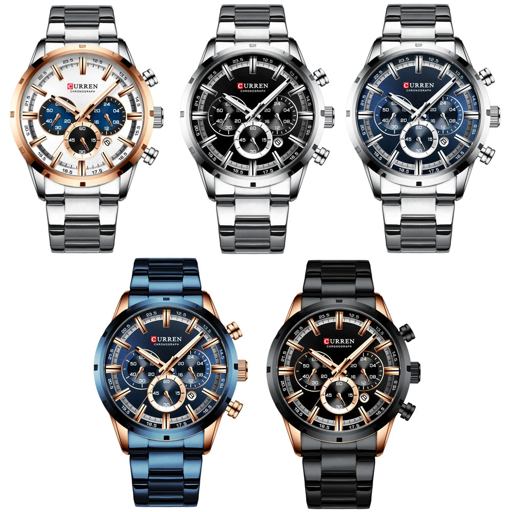 CURREN Chronograph Waterproof Quartz Watch Full Steel Wristwatch