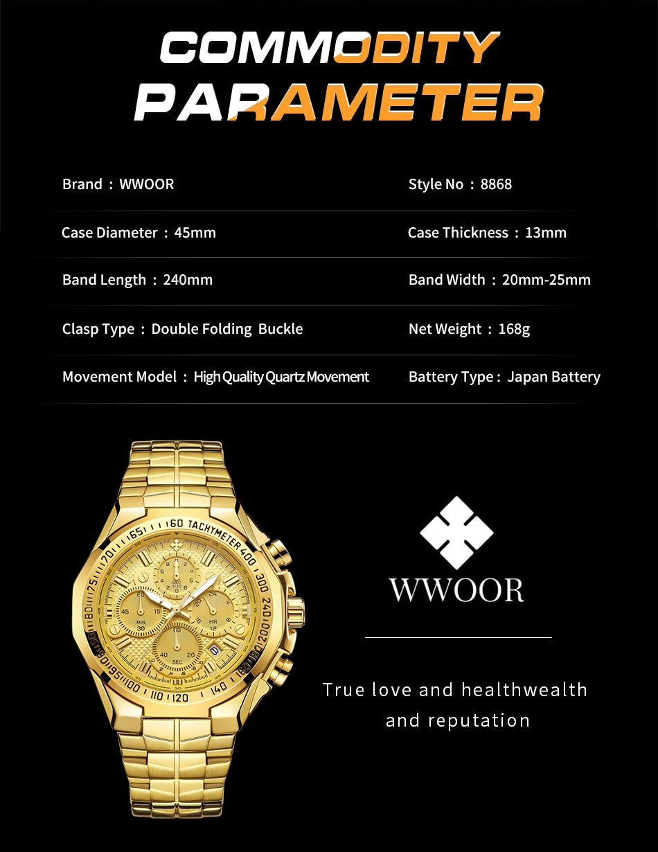 Relogio Masculino WWOOR  Luxury Gold Chronograph Wrist Watch For Men