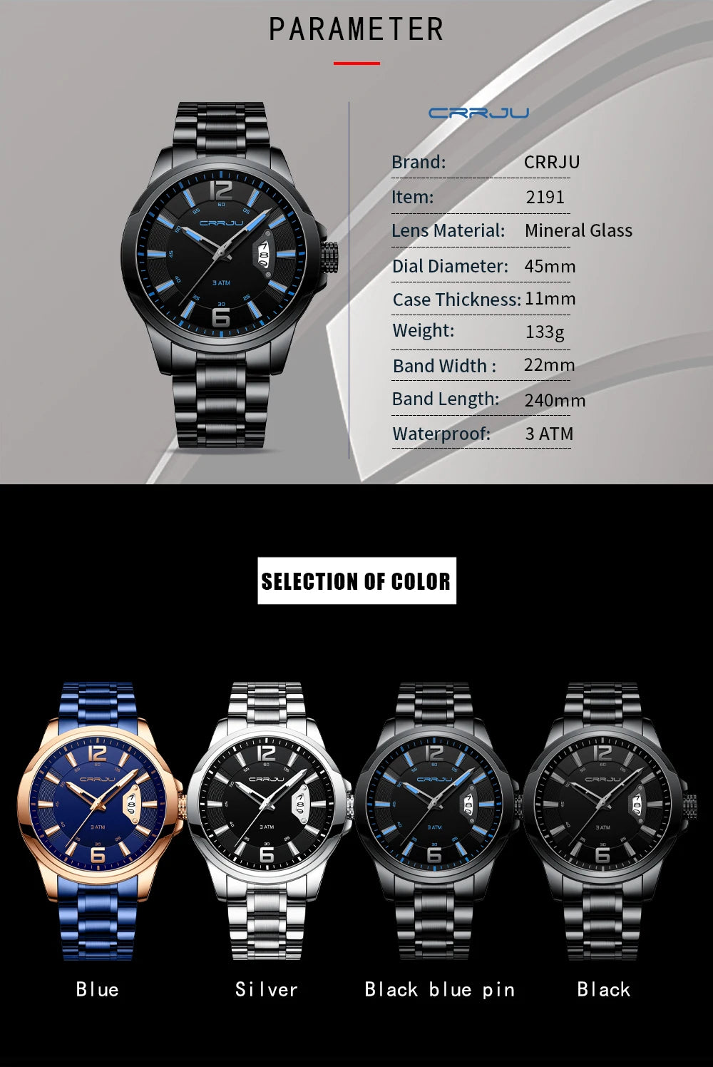 CRRJU Relogio Masculino Stainless Steel Waterproof Quartz Watch for Men