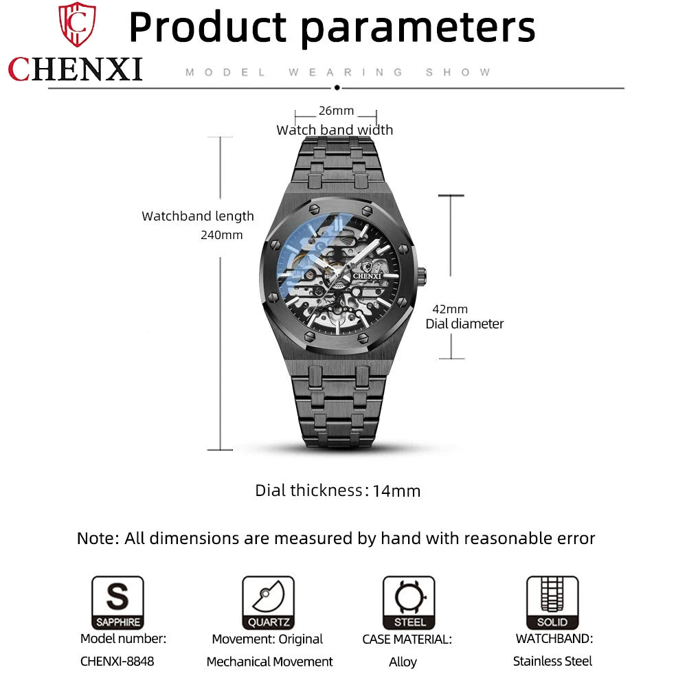 CHENXI Waterproof Stainless Steel Mechanical Tourbillon Wrist Watch