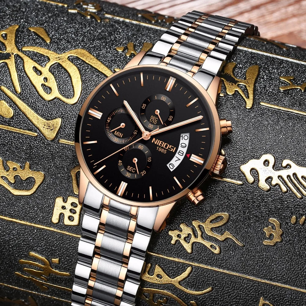 NIBOSI Relogio Masculino 2309 Stainless Steel Black Quartz Chronograph Wristwatch