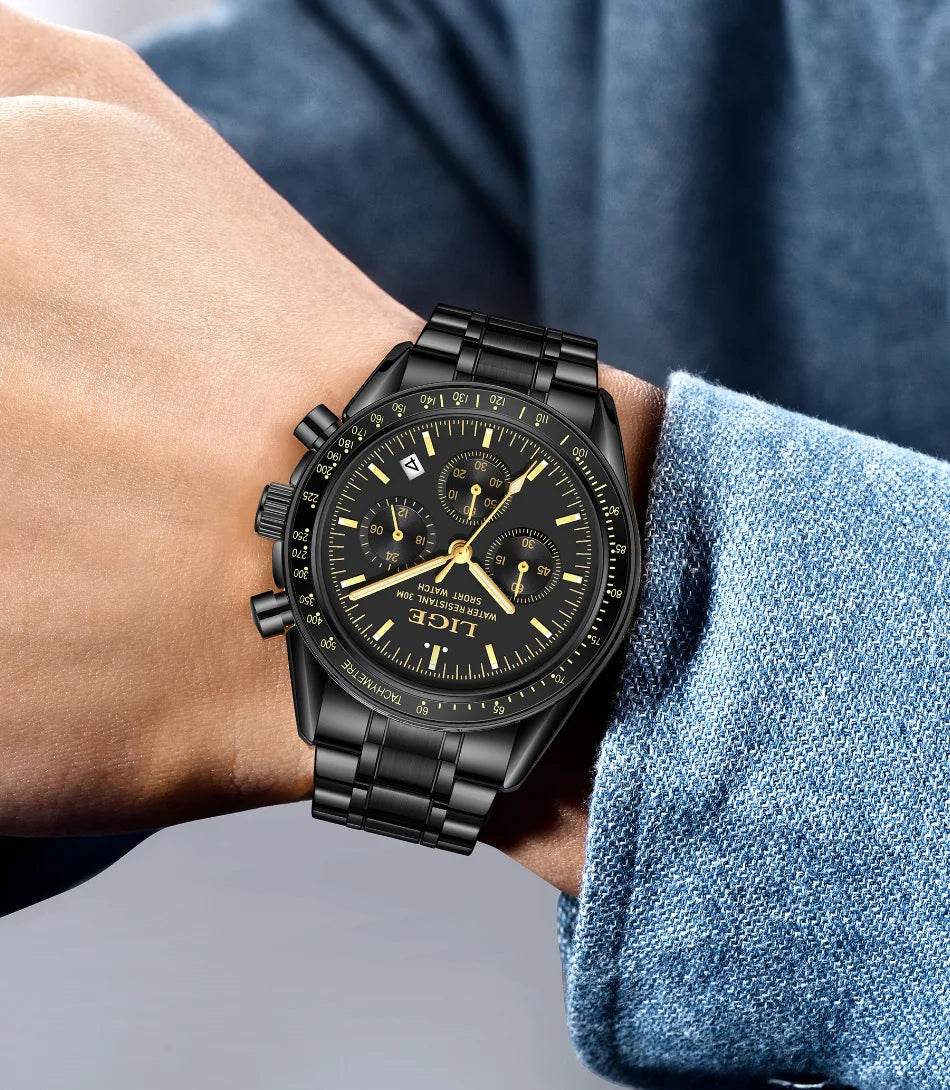 LIGE Relogios Masculino Full Steel Waterproof Quartz Chronograph Watch
