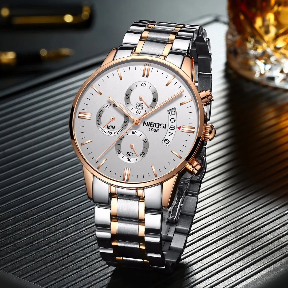 NIBOSI Relogio Masculino 2309 Stainless Steel Black Quartz Chronograph Wristwatch