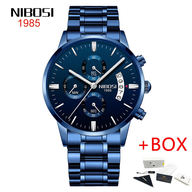 NIBOSI Relogio Masculino 2309 Stainless Steel Black Quartz Chronograph Wristwatch