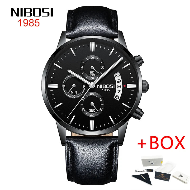 NIBOSI Relogio Masculino 2309 Stainless Steel Black Quartz Chronograph Wristwatch