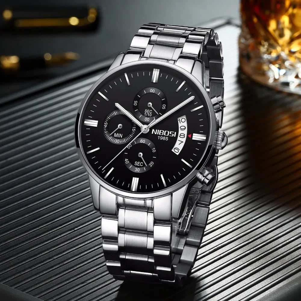 NIBOSI Relogio Masculino 2309 Stainless Steel Black Quartz Chronograph Wristwatch