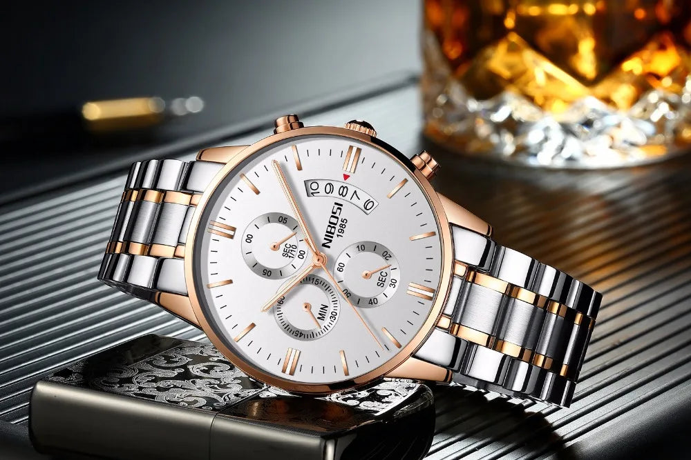 NIBOSI Relogio Masculino 2309 Stainless Steel Black Quartz Chronograph Wristwatch