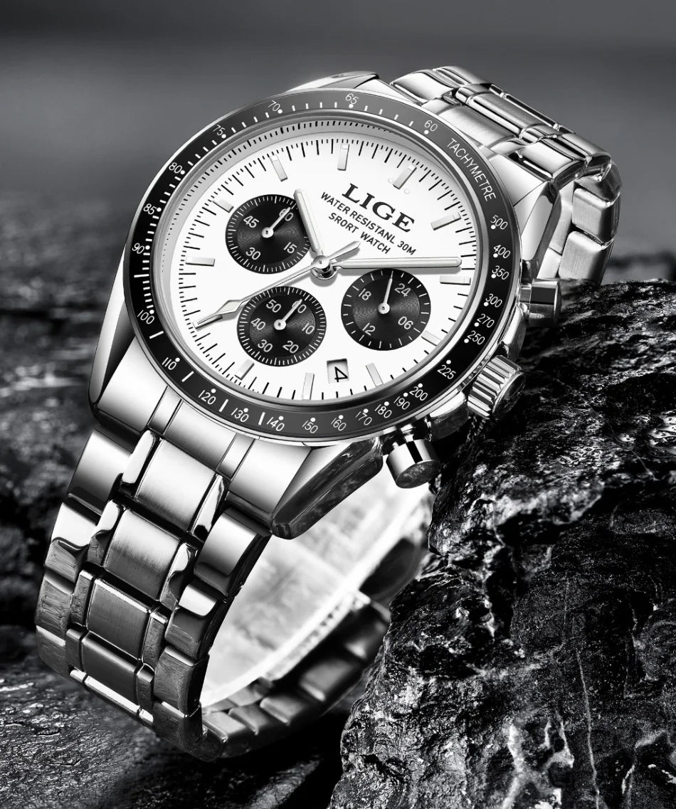 LIGE Relogios Masculino Full Steel Waterproof Quartz Chronograph Watch