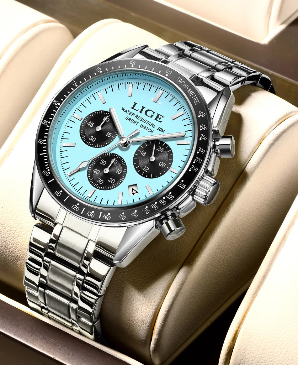LIGE Relogios Masculino Full Steel Waterproof Quartz Chronograph Watch