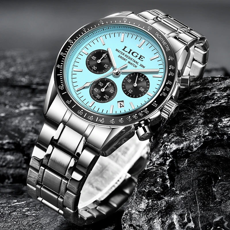 LIGE Relogios Masculino Full Steel Waterproof Quartz Chronograph Watch