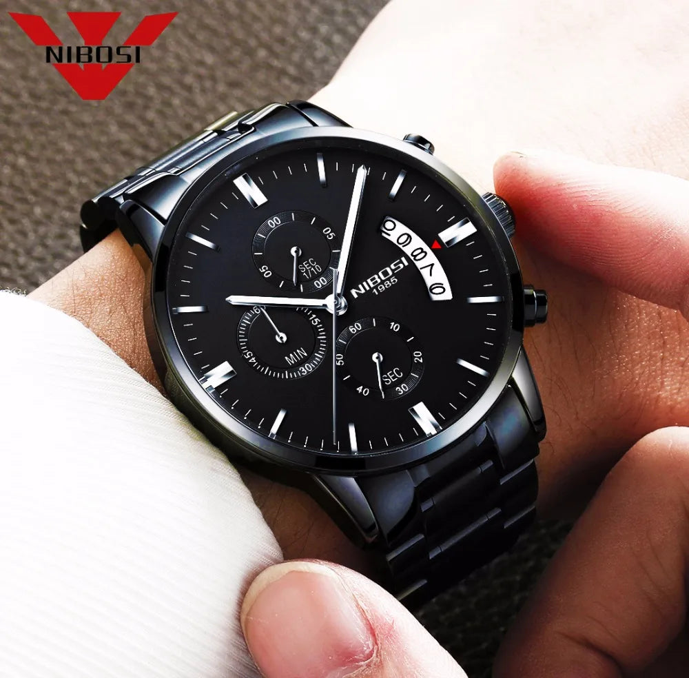 NIBOSI Relogio Masculino 2309 Stainless Steel Black Quartz Chronograph Wristwatch