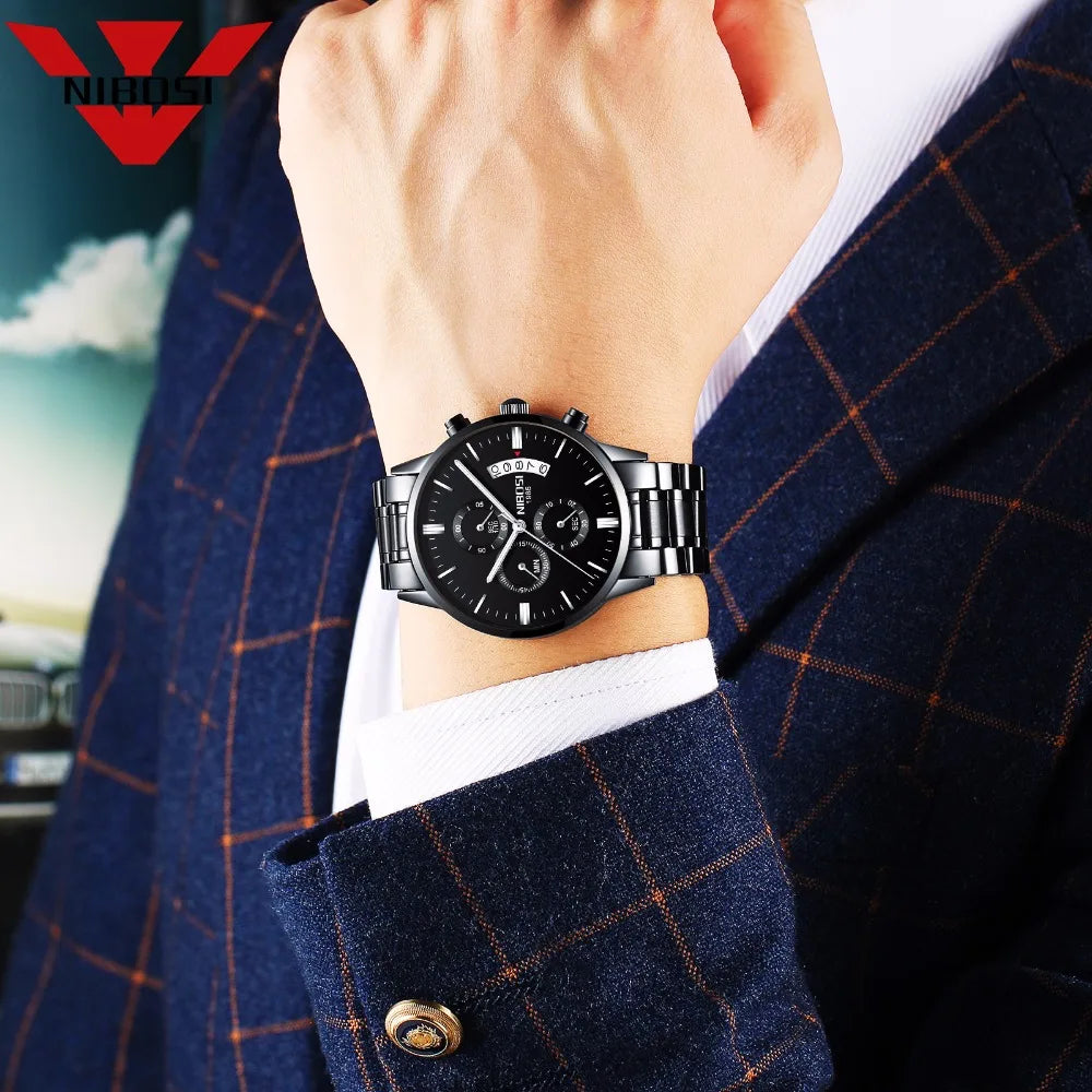 NIBOSI Relogio Masculino 2309 Stainless Steel Black Quartz Chronograph Wristwatch