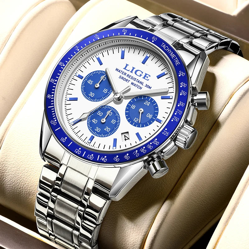 LIGE Relogios Masculino Full Steel Waterproof Quartz Chronograph Watch