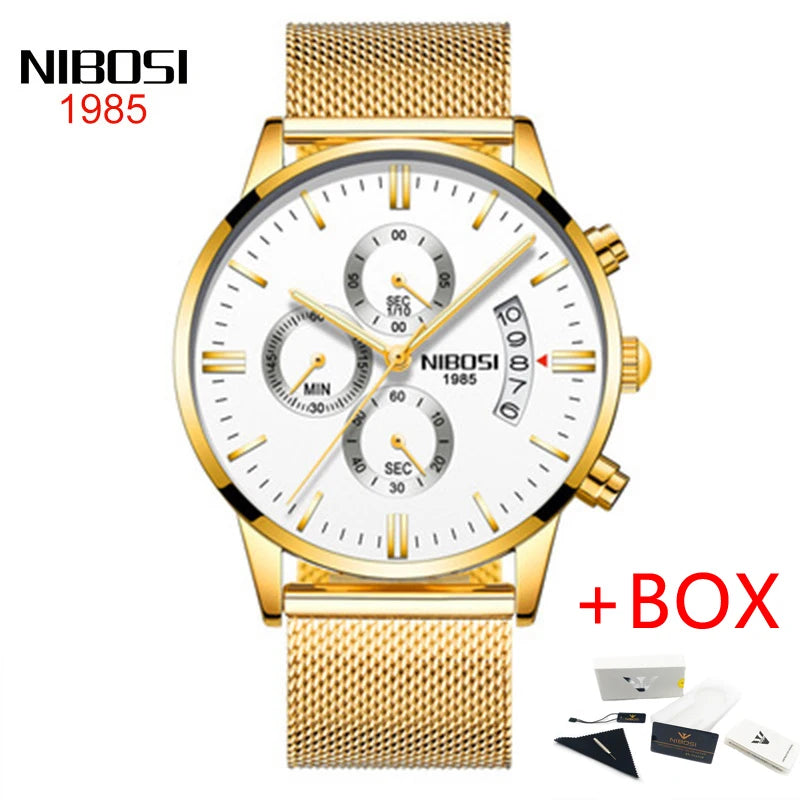 NIBOSI Relogio Masculino 2309 Stainless Steel Black Quartz Chronograph Wristwatch