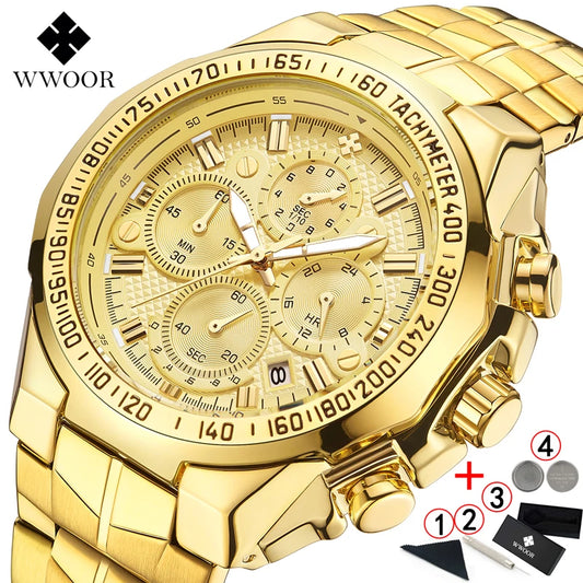 Relogio Masculino WWOOR  Luxury Gold Chronograph Wrist Watch For Men