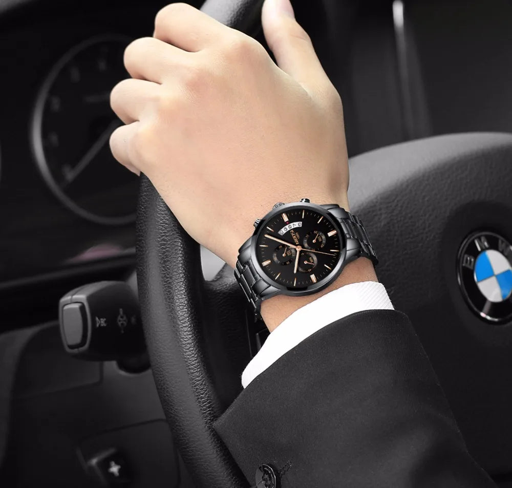 NIBOSI Relogio Masculino 2309 Stainless Steel Black Quartz Chronograph Wristwatch