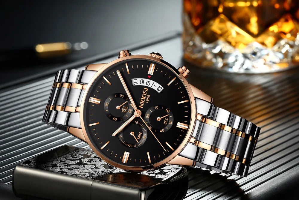 NIBOSI Relogio Masculino 2309 Stainless Steel Black Quartz Chronograph Wristwatch
