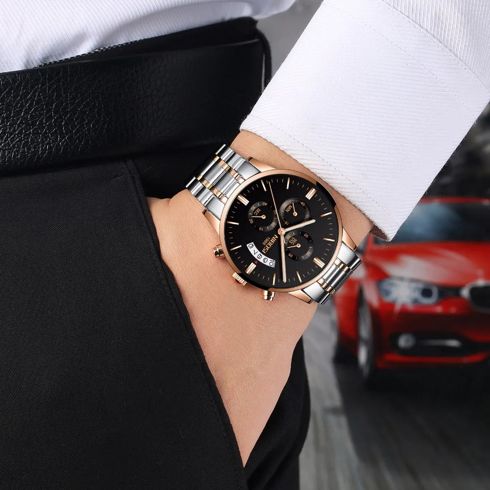 NIBOSI Relogio Masculino 2309 Stainless Steel Black Quartz Chronograph Wristwatch
