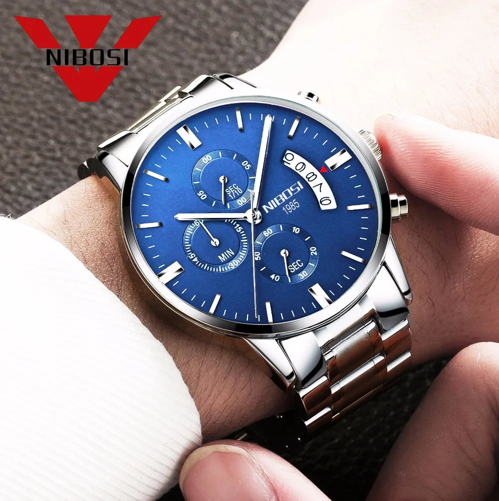 NIBOSI Relogio Masculino 2309 Stainless Steel Black Quartz Chronograph Wristwatch