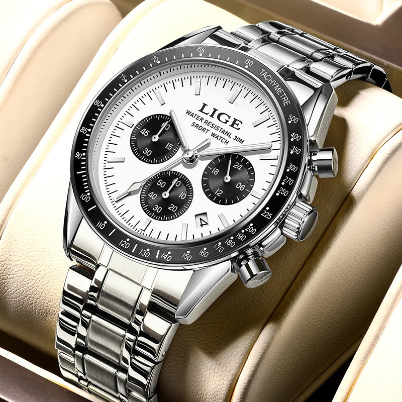LIGE Relogios Masculino Full Steel Waterproof Quartz Chronograph Watch