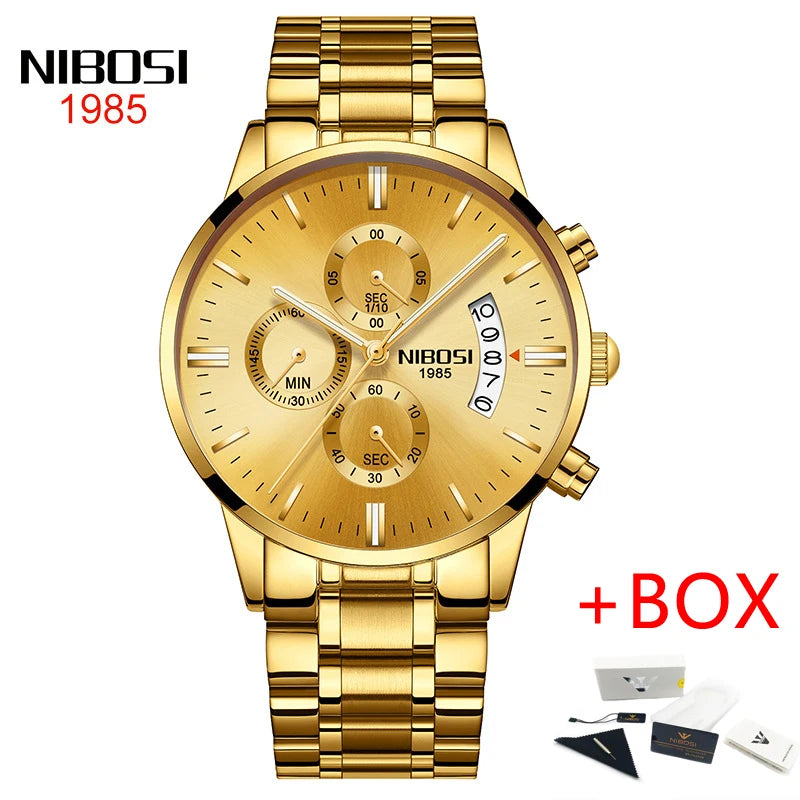 NIBOSI Relogio Masculino 2309 Stainless Steel Black Quartz Chronograph Wristwatch