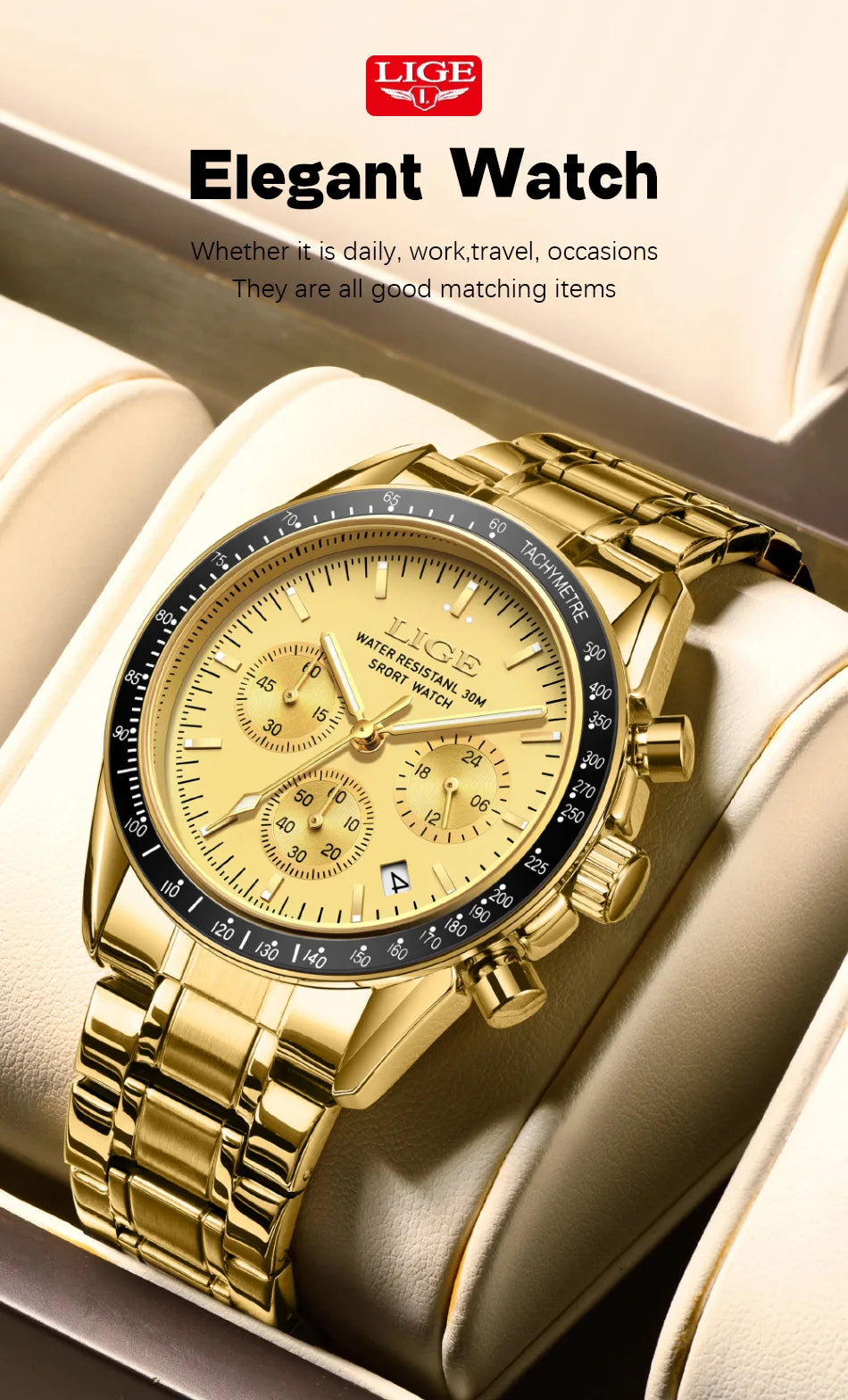 LIGE Relogios Masculino Full Steel Waterproof Quartz Chronograph Watch