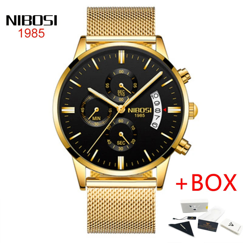 NIBOSI Relogio Masculino 2309 Stainless Steel Black Quartz Chronograph Wristwatch