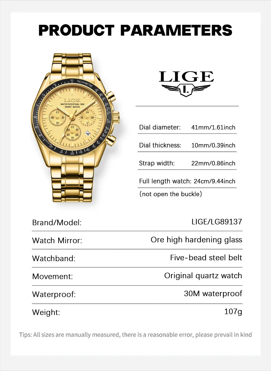 LIGE Relogios Masculino Full Steel Waterproof Quartz Chronograph Watch