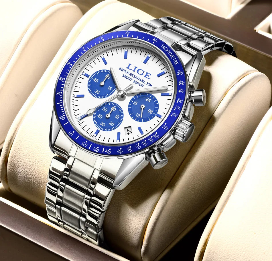 LIGE Relogios Masculino Full Steel Waterproof Quartz Chronograph Watch