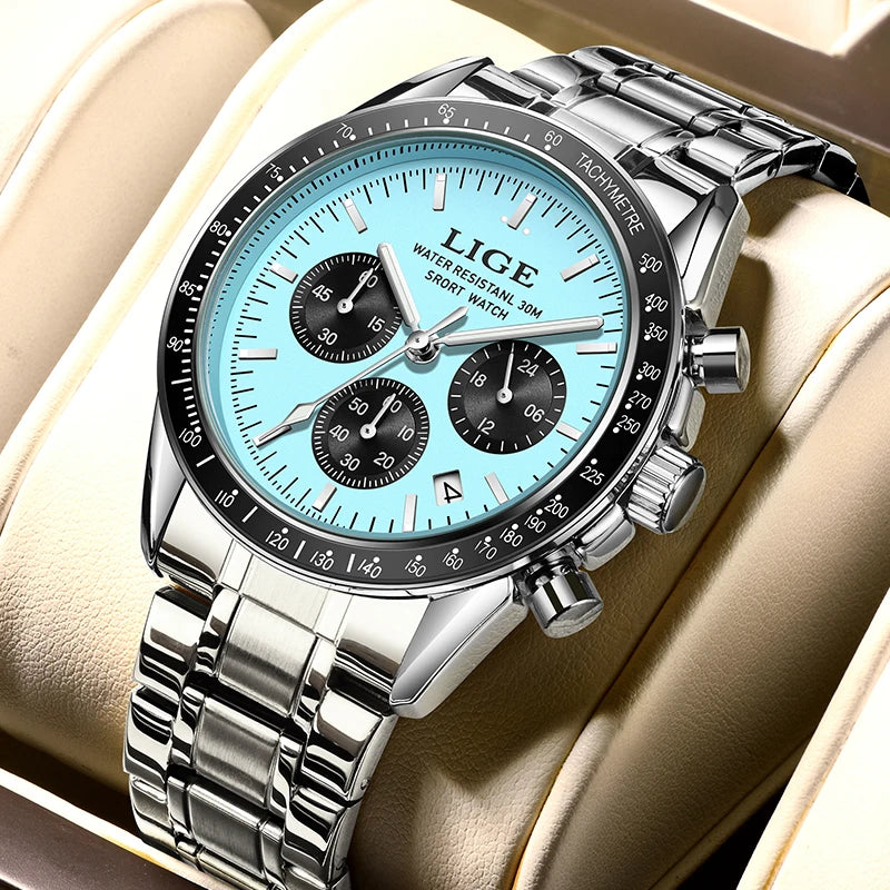 LIGE Relogios Masculino Full Steel Waterproof Quartz Chronograph Watch