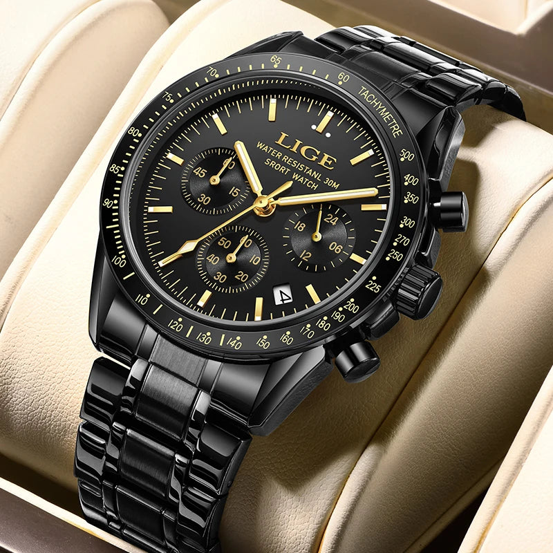 LIGE Relogios Masculino Full Steel Waterproof Quartz Chronograph Watch