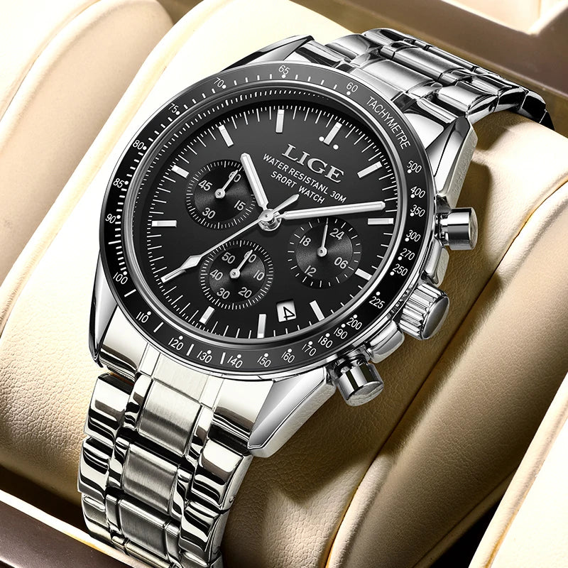 LIGE Relogios Masculino Full Steel Waterproof Quartz Chronograph Watch