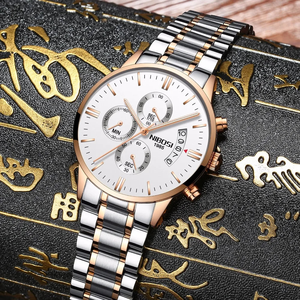 NIBOSI Relogio Masculino 2309 Stainless Steel Black Quartz Chronograph Wristwatch