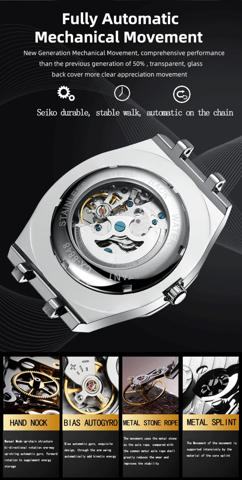 CHENXI Waterproof Stainless Steel Mechanical Tourbillon Wrist Watch