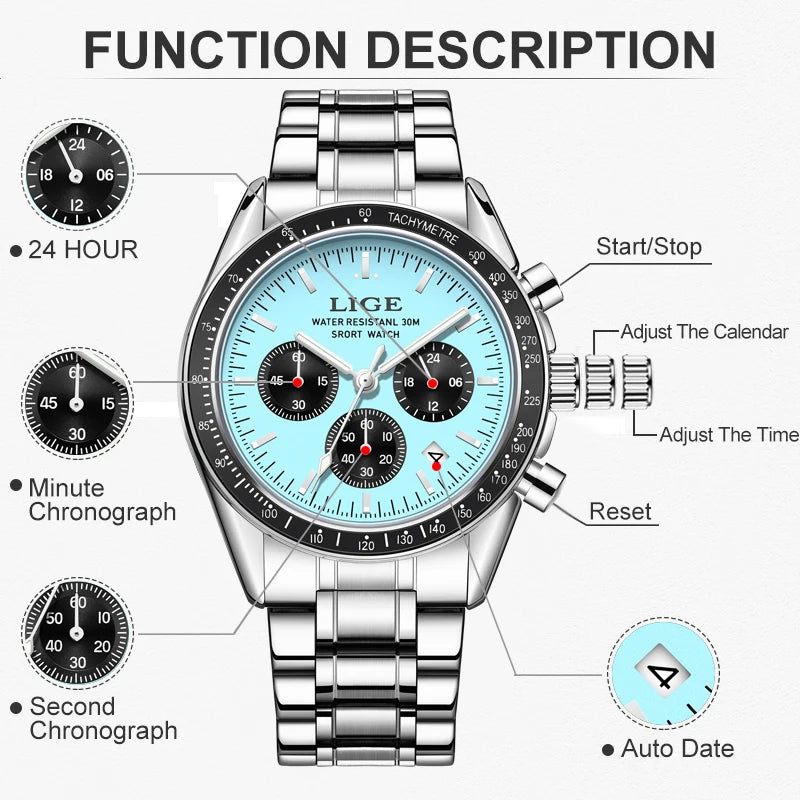 LIGE Relogios Masculino Full Steel Waterproof Quartz Chronograph Watch