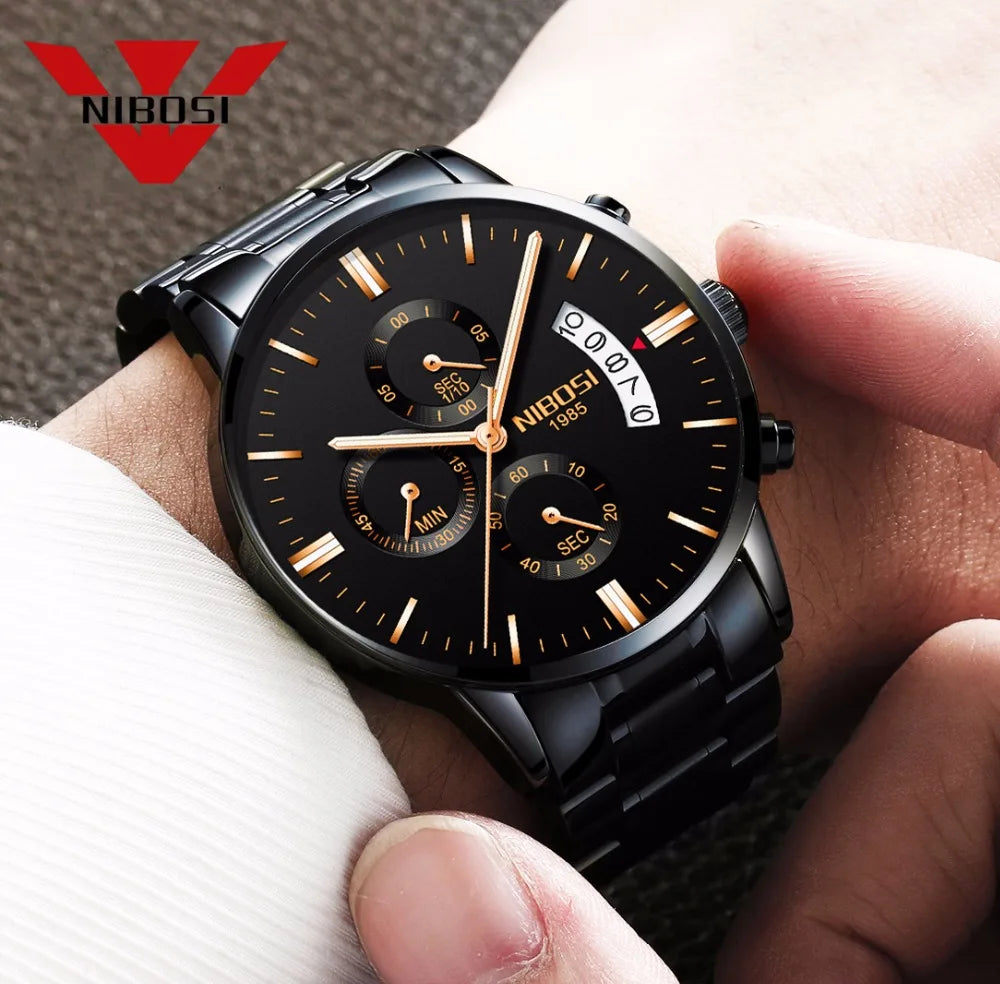 NIBOSI Relogio Masculino 2309 Stainless Steel Black Quartz Chronograph Wristwatch