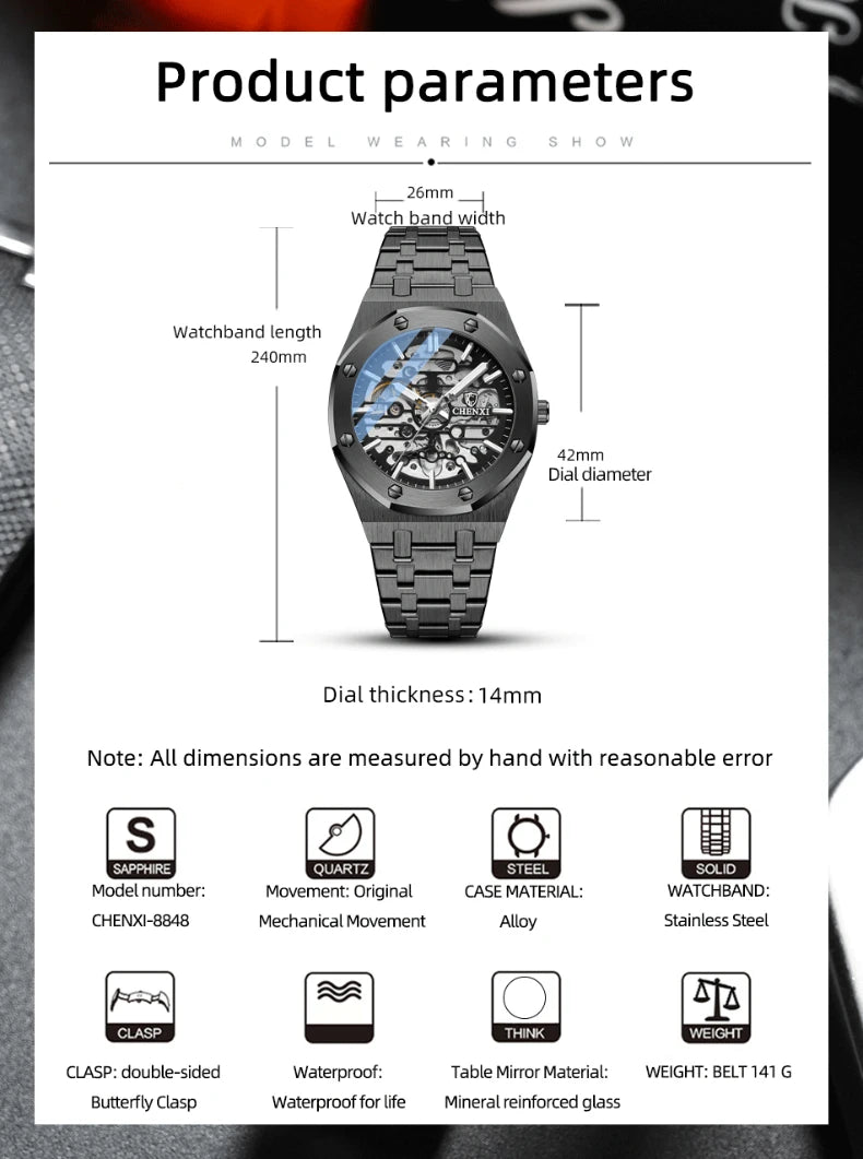 CHENXI Waterproof Stainless Steel Mechanical Tourbillon Wrist Watch