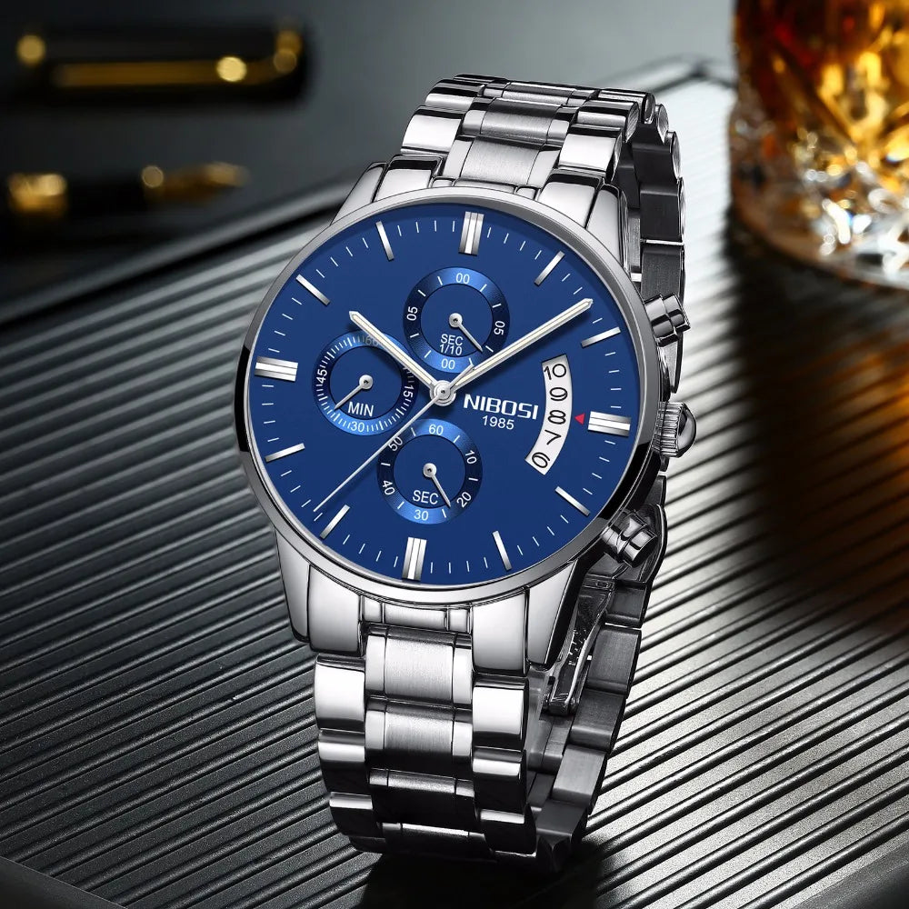 NIBOSI Relogio Masculino 2309 Stainless Steel Black Quartz Chronograph Wristwatch