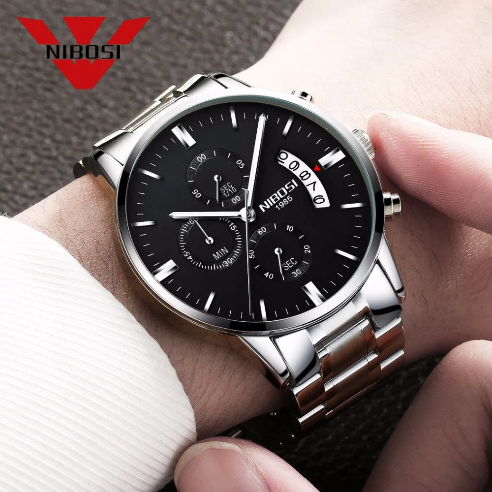 NIBOSI Relogio Masculino 2309 Stainless Steel Black Quartz Chronograph Wristwatch