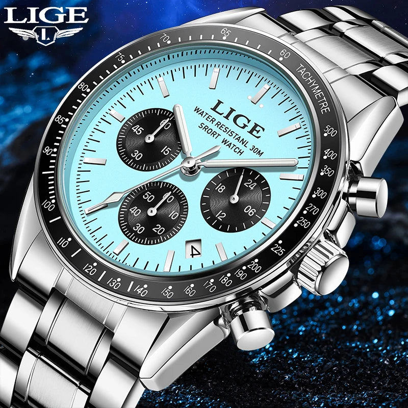 LIGE Relogios Masculino Full Steel Waterproof Quartz Chronograph Watch